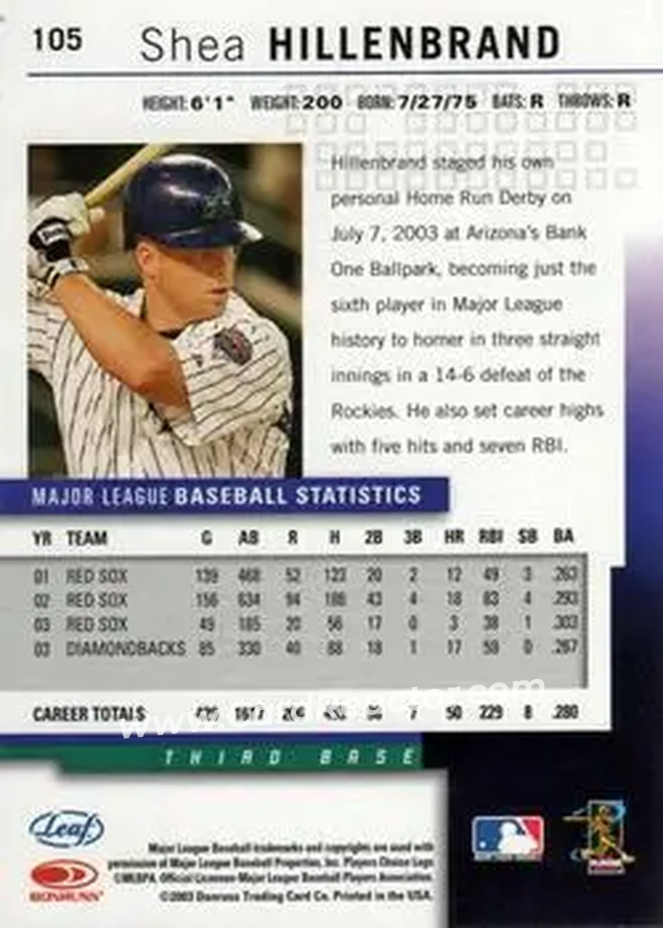 2004 Leaf #105 - Shea Hillenbrand - Arizona Diamondbacks - Back