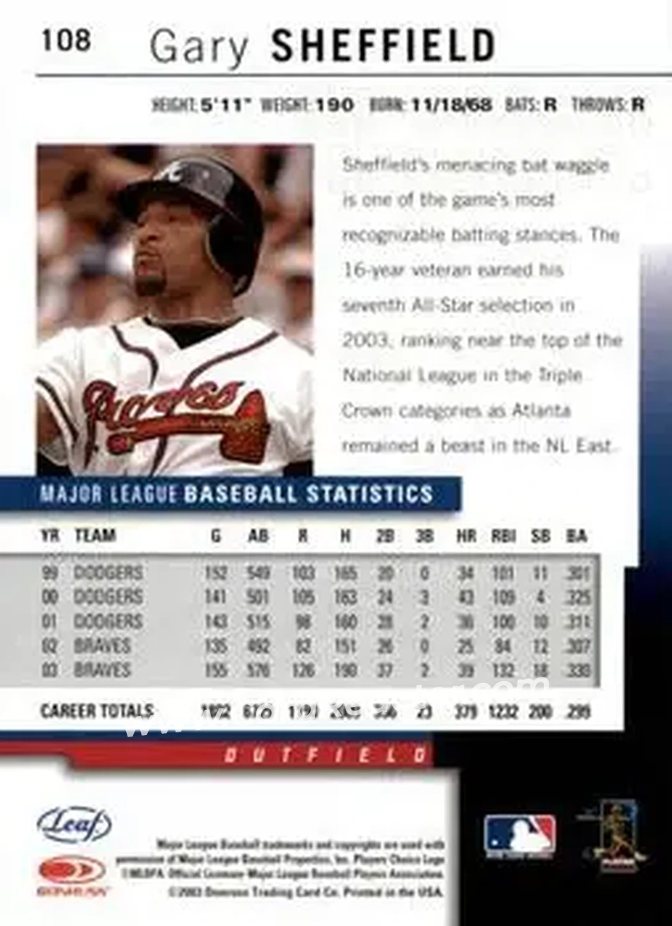 2004 Leaf #108 - Gary Sheffield - Atlanta Braves - Back 2004 Leaf #108 - Gary Sheffield - Atlanta Braves - Back