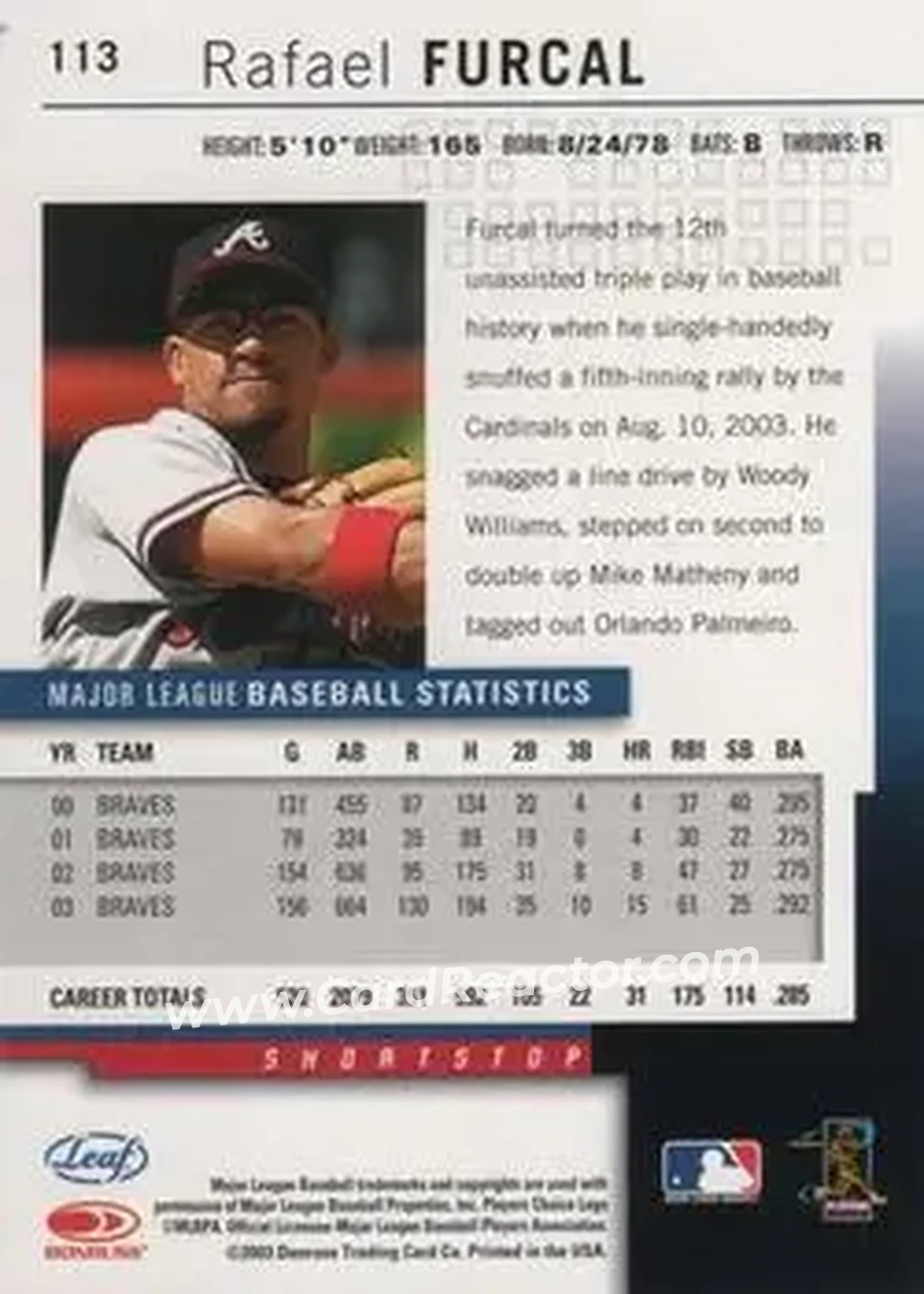 2004 Leaf #113 - Rafael Furcal - Atlanta Braves - Back 2004 Leaf #113 - Rafael Furcal - Atlanta Braves - Back