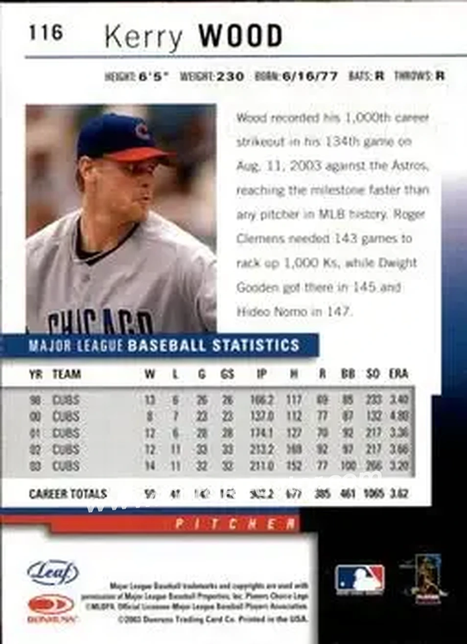 2004 Leaf #116 - Kerry Wood - Chicago Cubs - Back