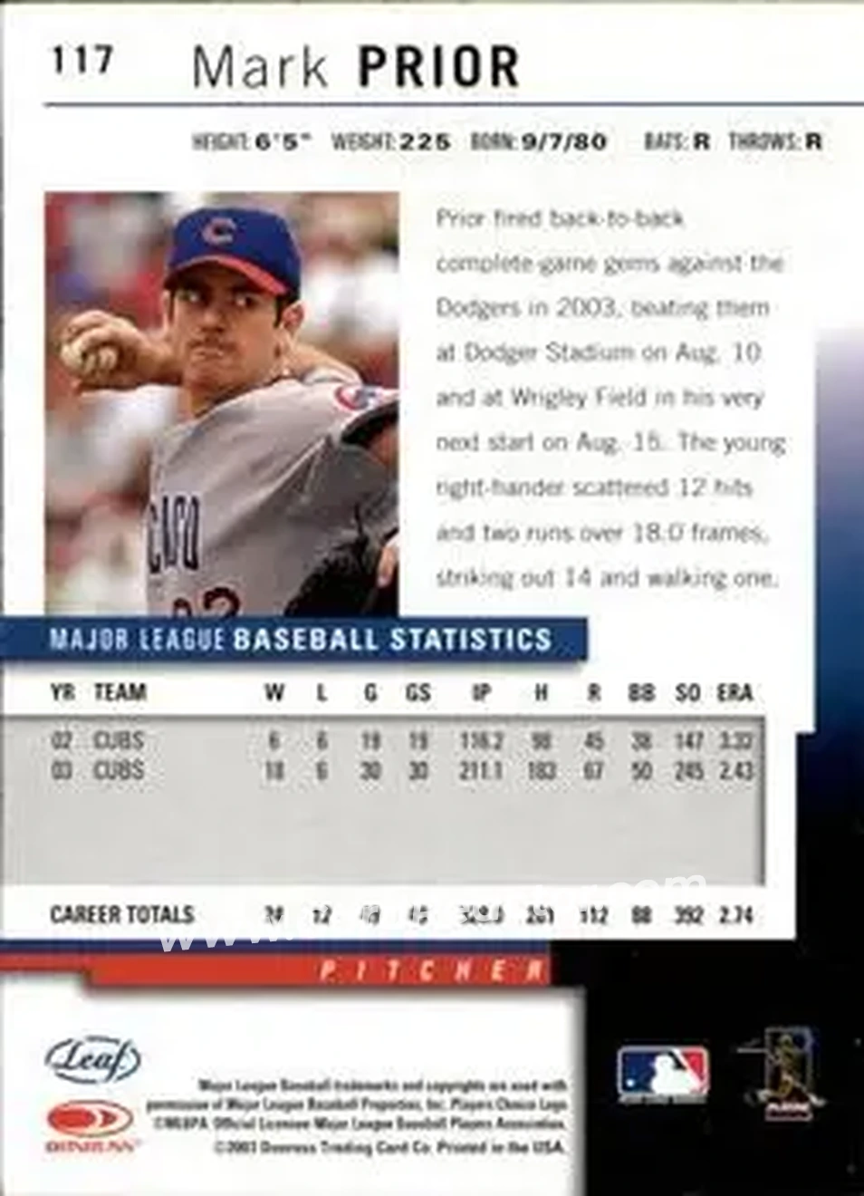 2004 Leaf #117 - Mark Prior - Chicago Cubs - Back