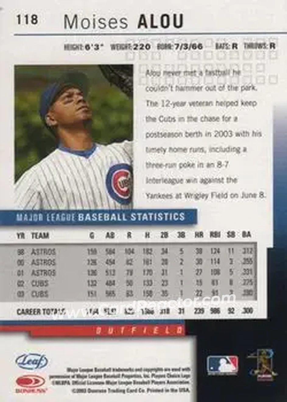 2004 Leaf #118 - Moises Alou - Chicago Cubs - Back 2004 Leaf #118 - Moises Alou - Chicago Cubs - Back