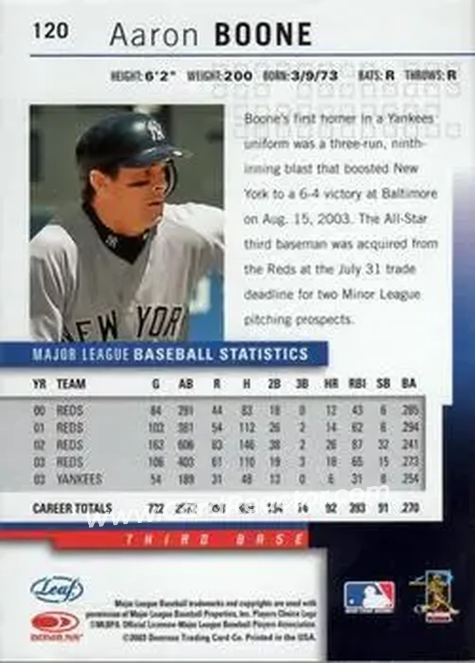 2004 Leaf #120 - Aaron Boone - New York Yankees - Back 2004 Leaf #120 - Aaron Boone - New York Yankees - Back