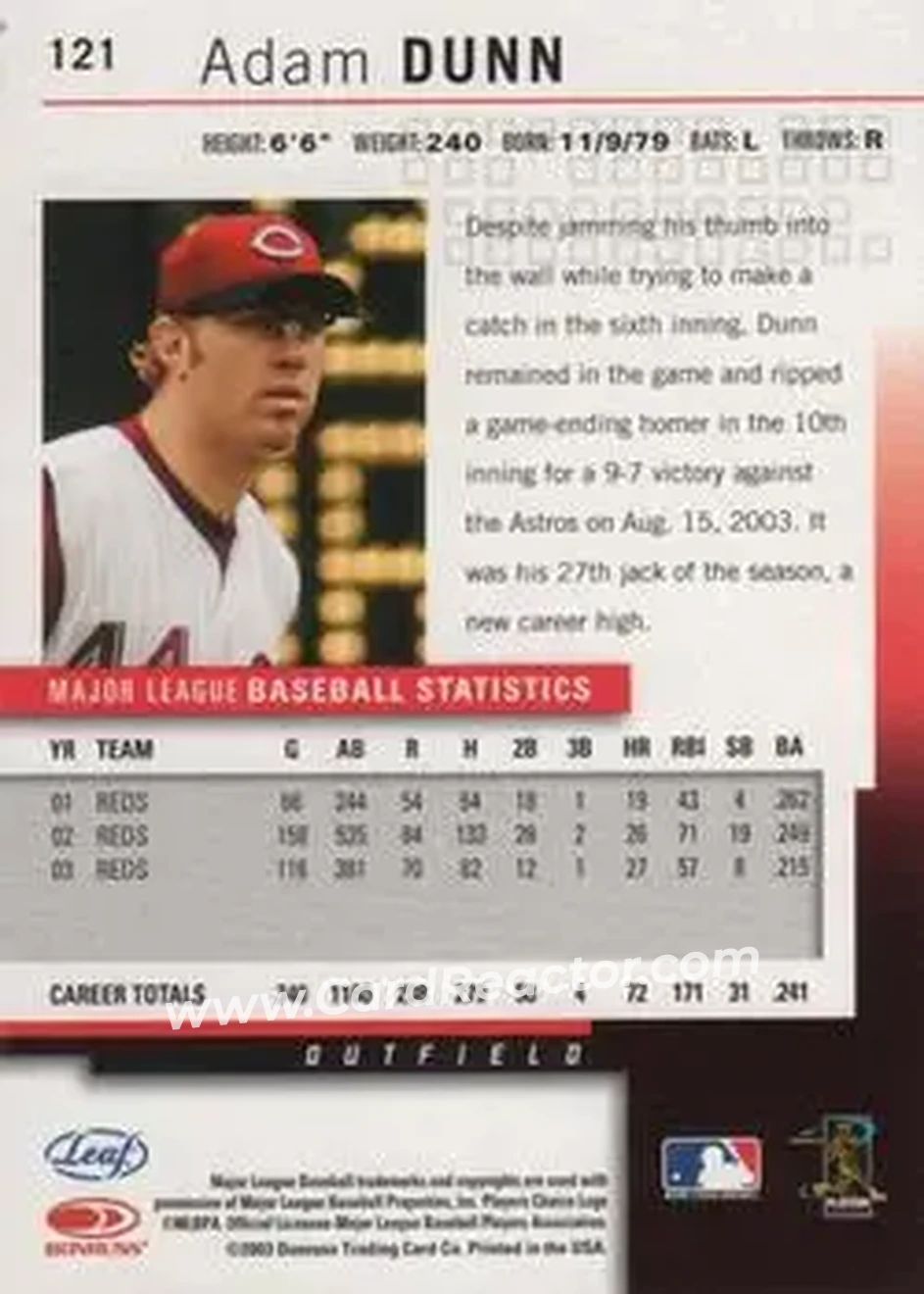 2004 Leaf #121 - Adam Dunn - Cincinnati Reds - Back