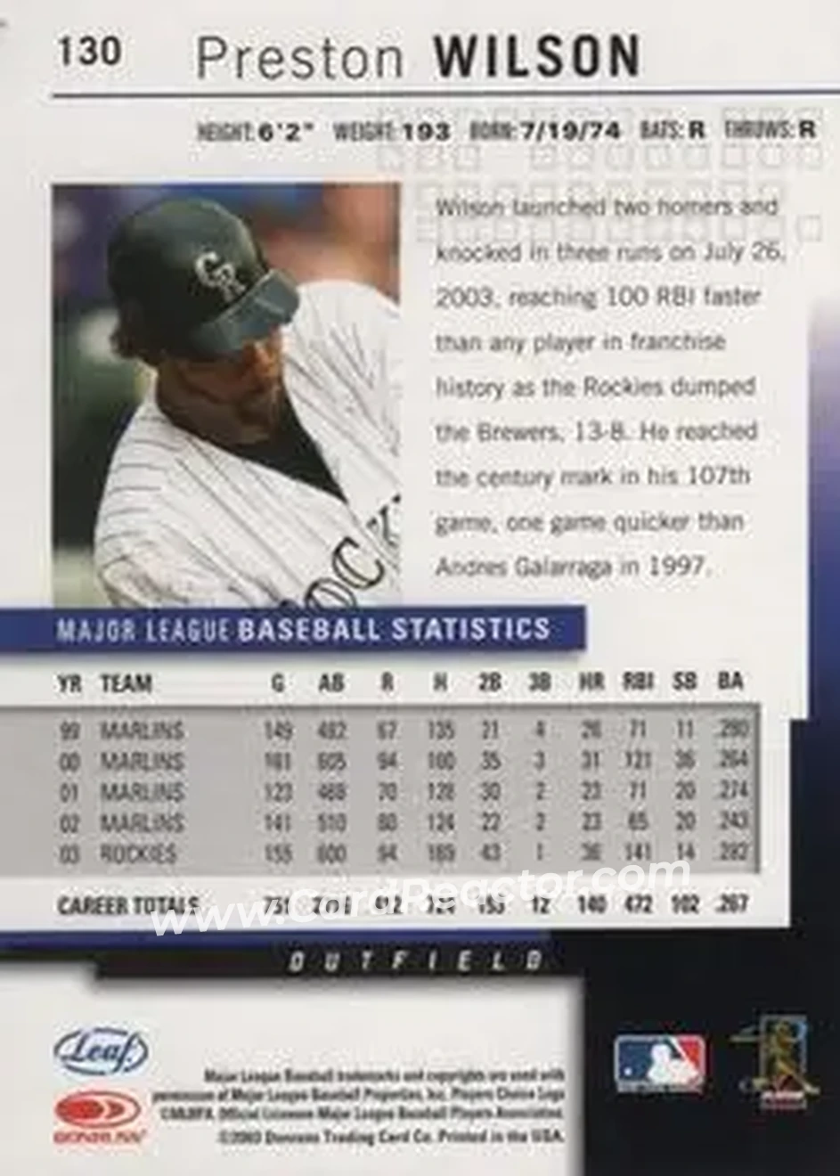 2004 Leaf #130 - Preston Wilson - Colorado Rockies - Back 2004 Leaf #130 - Preston Wilson - Colorado Rockies - Back