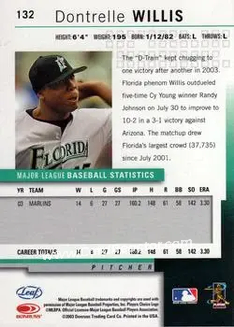 2004 Leaf #132 - Dontrelle Willis - Florida Marlins - Back 2004 Leaf #132 - Dontrelle Willis - Florida Marlins - Back