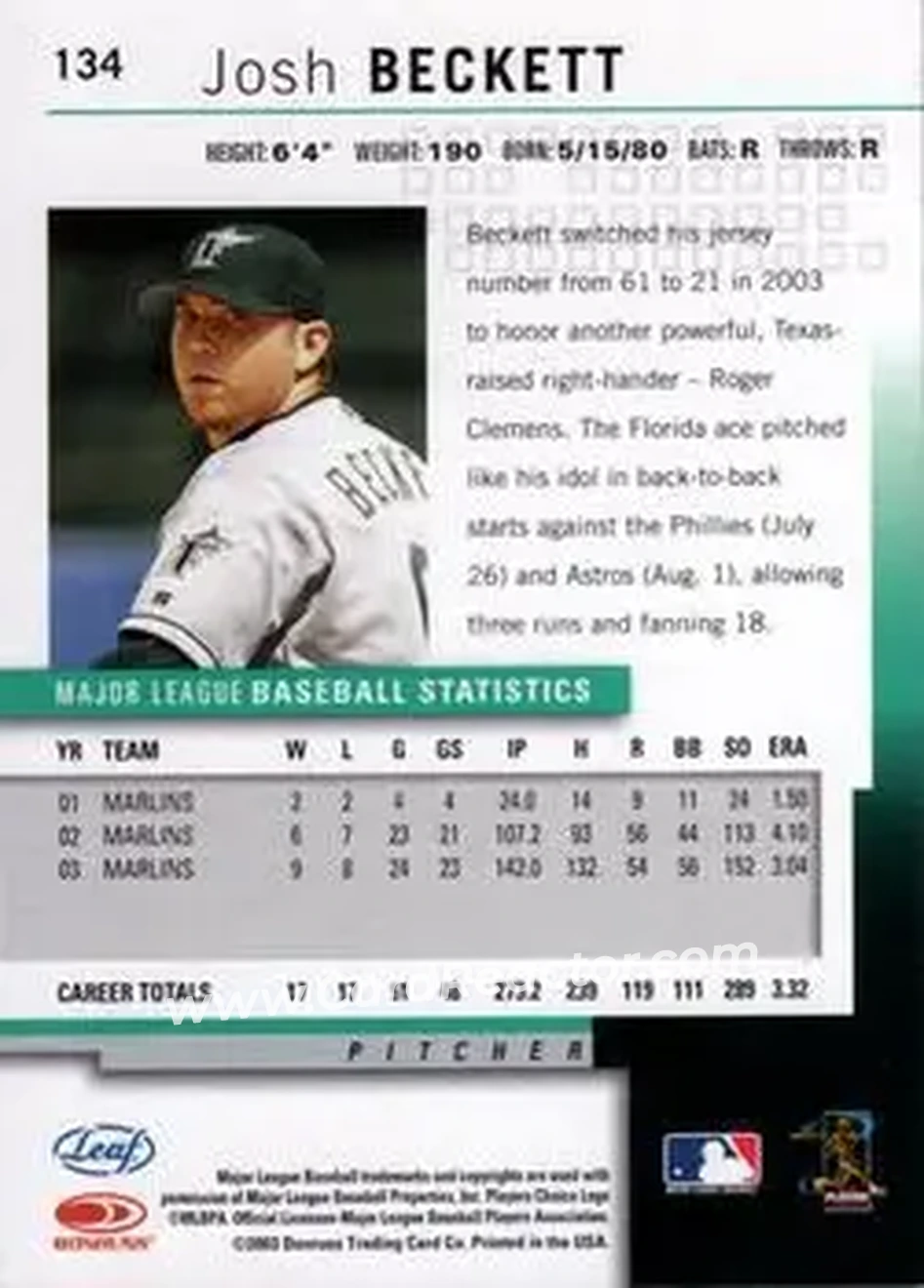 2004 Leaf #134 - Josh Beckett - Florida Marlins - Back 2004 Leaf #134 - Josh Beckett - Florida Marlins - Back