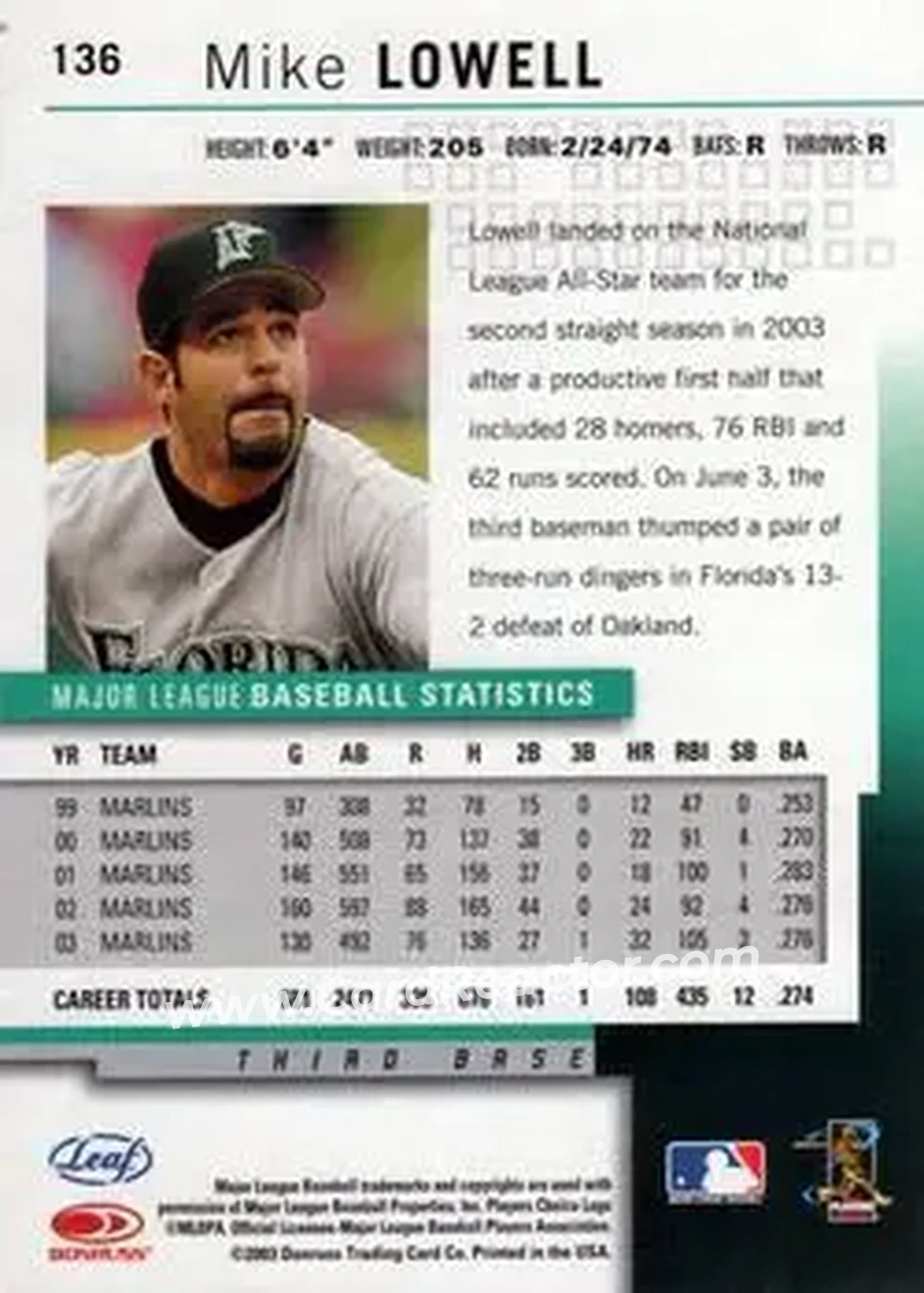 2004 Leaf #136 - Mike Lowell - Florida Marlins - Back 2004 Leaf #136 - Mike Lowell - Florida Marlins - Back