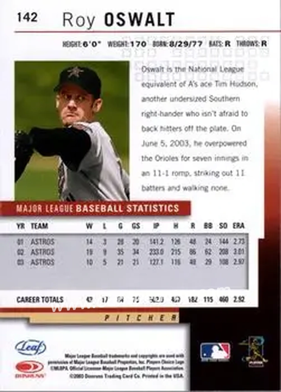 2004 Leaf #142 - Roy Oswalt - Houston Astros - Back