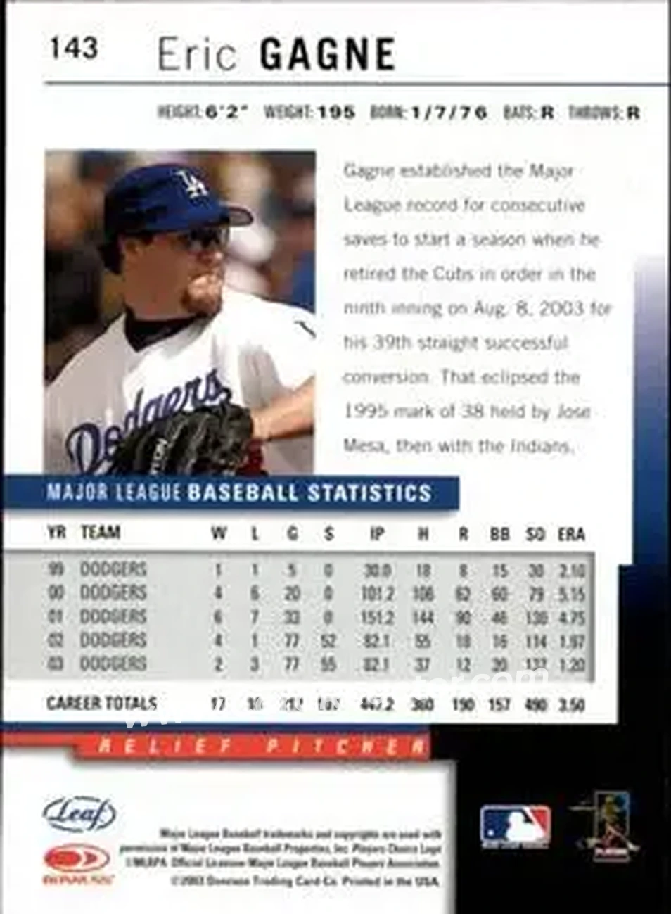 2004 Leaf #143 - Eric Gagne - Los Angeles Dodgers - Back 2004 Leaf #143 - Eric Gagne - Los Angeles Dodgers - Back