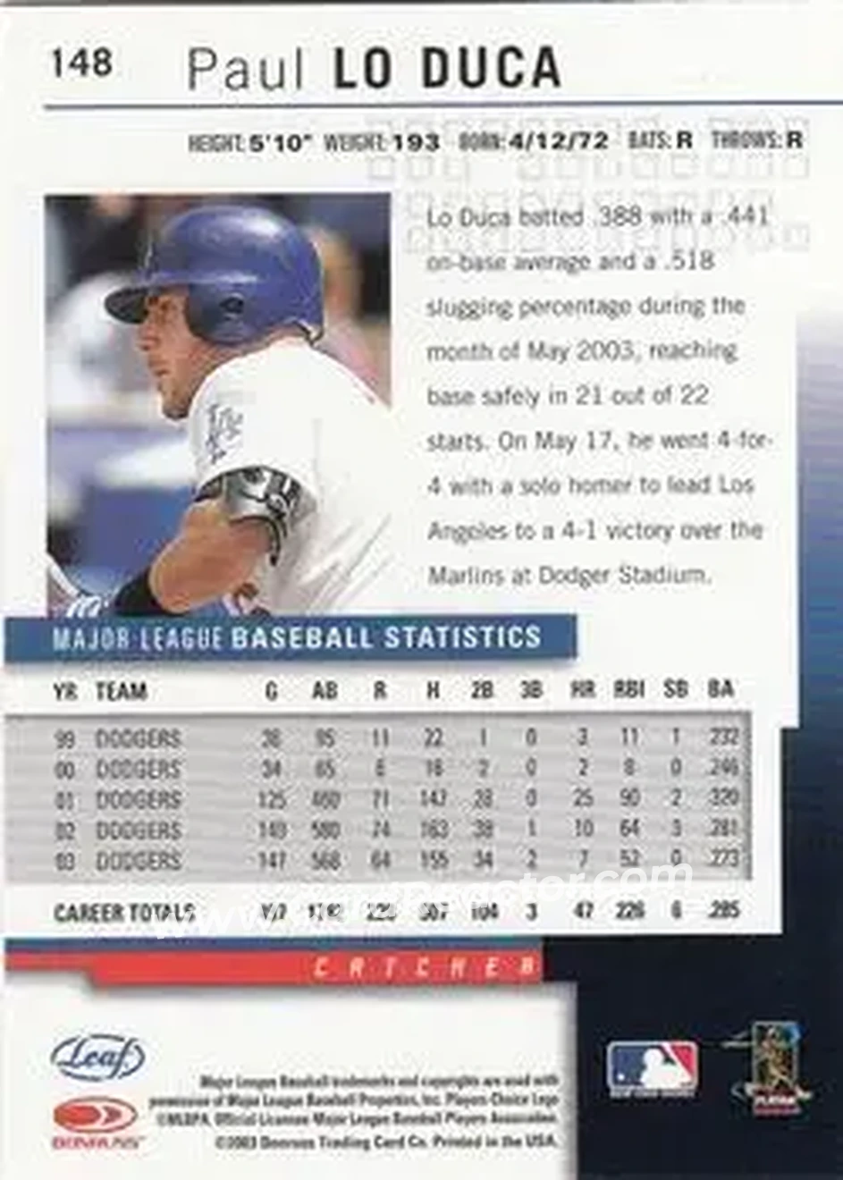 2004 Leaf #148 - Paul Lo Duca - Los Angeles Dodgers - Back 2004 Leaf #148 - Paul Lo Duca - Los Angeles Dodgers - Back