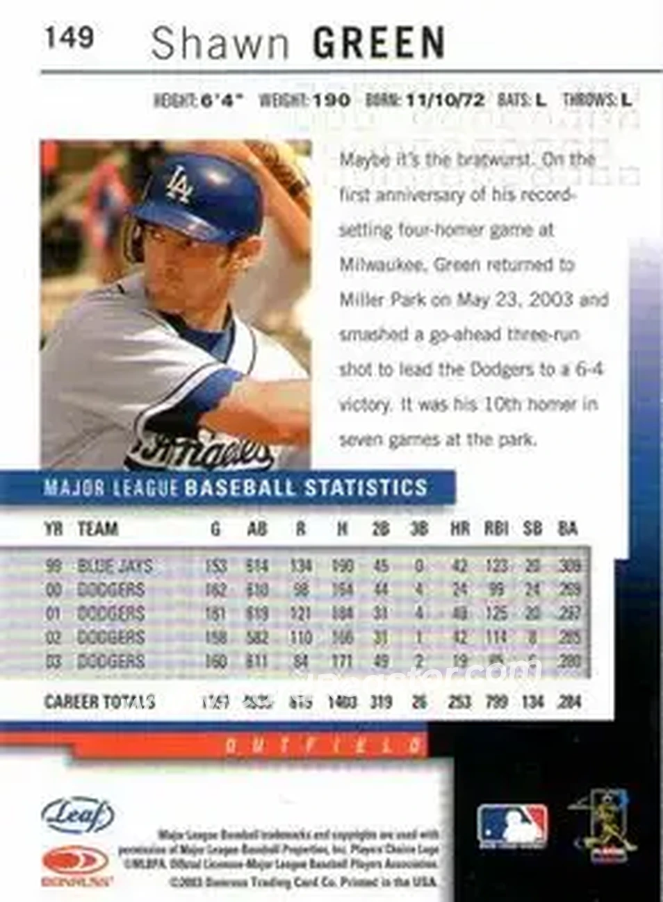 2004 Leaf #149 - Shawn Green - Los Angeles Dodgers - Back 2004 Leaf #149 - Shawn Green - Los Angeles Dodgers - Back