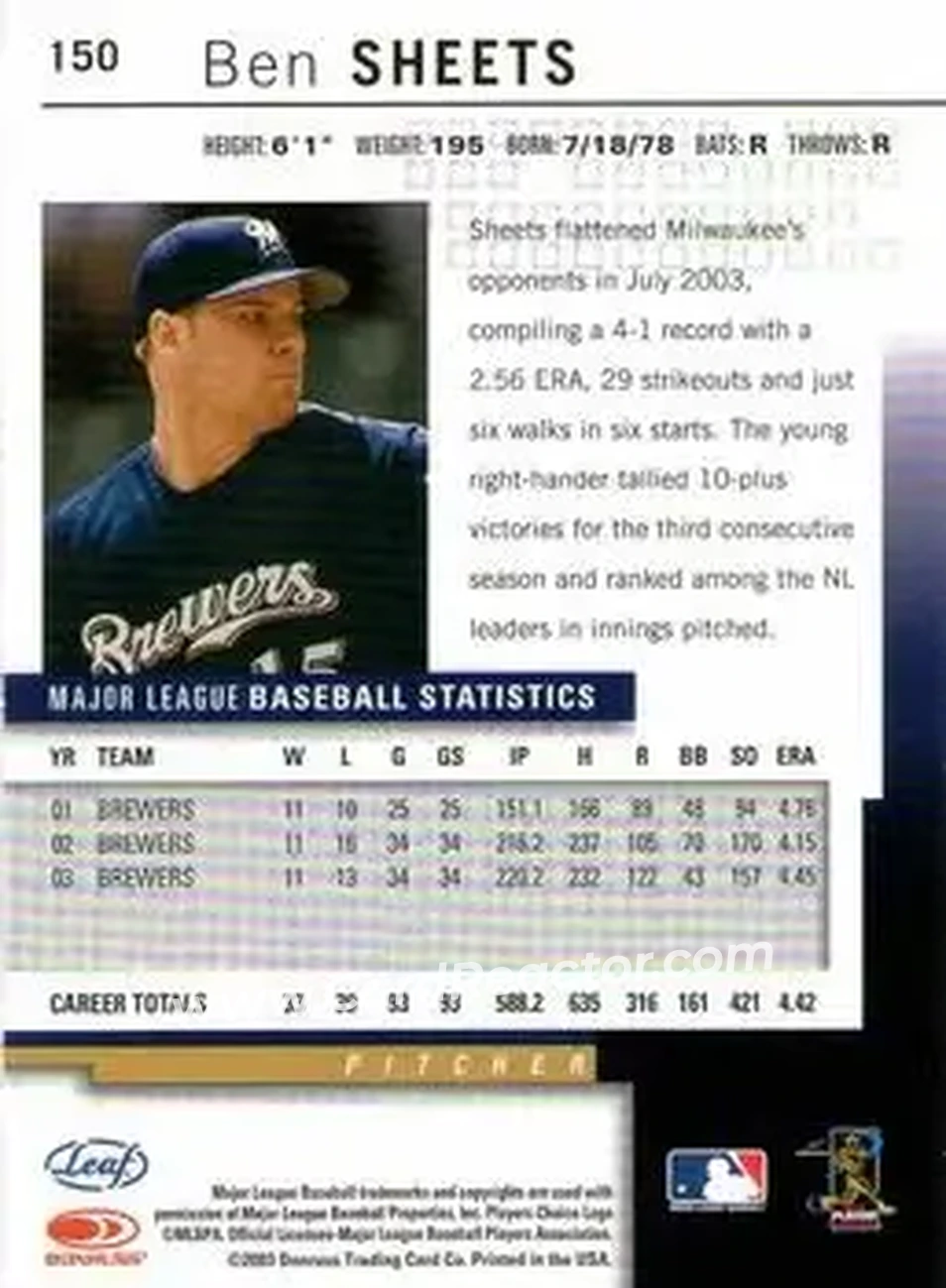 2004 Leaf #150 - Ben Sheets - Milwaukee Brewers - Back