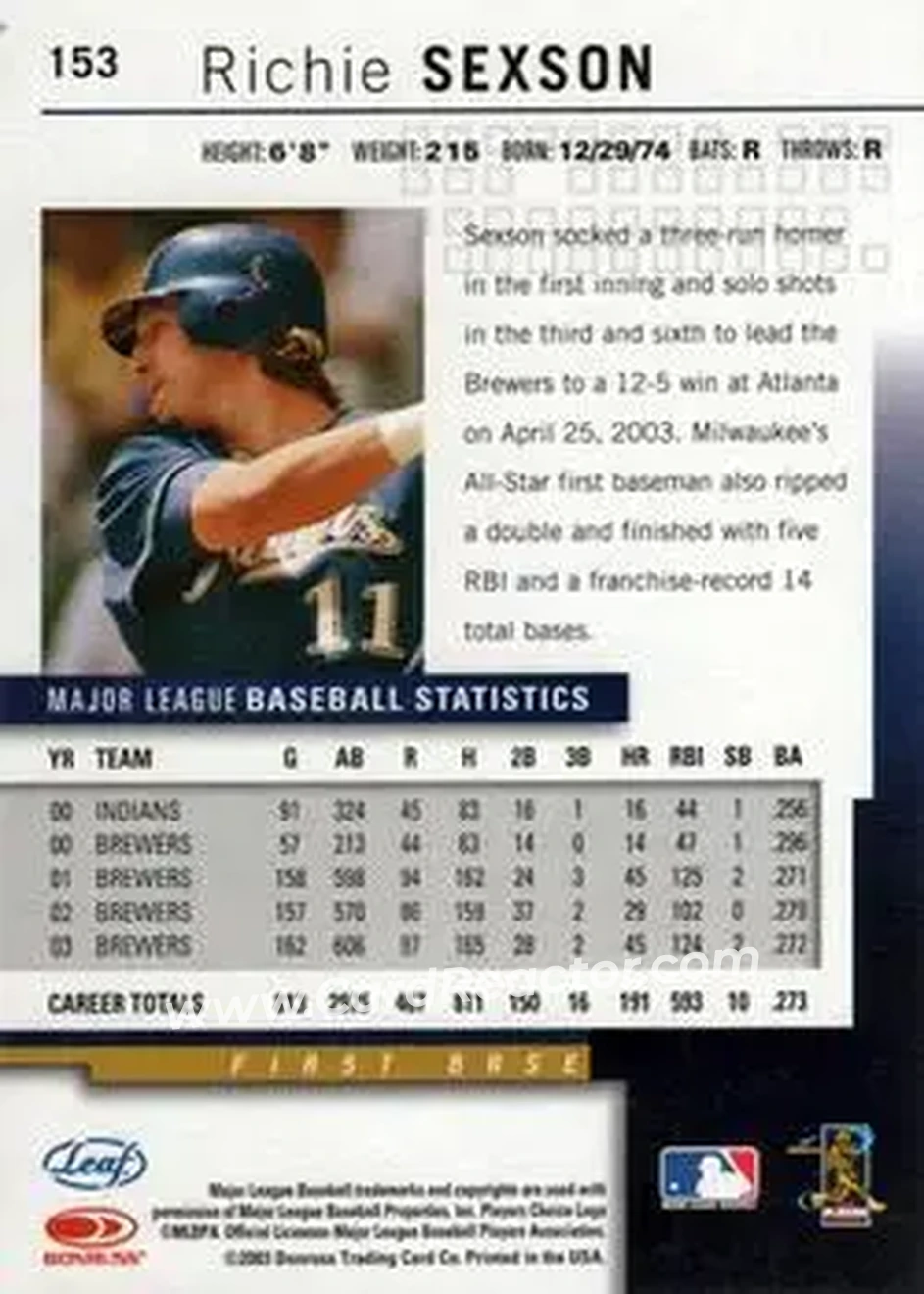 2004 Leaf #153 - Richie Sexson - Milwaukee Brewers - Back 2004 Leaf #153 - Richie Sexson - Milwaukee Brewers - Back