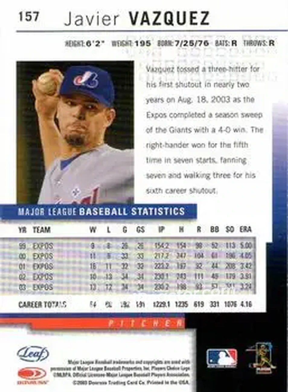 2004 Leaf #157 - Javier Vazquez - Montreal Expos - Back 2004 Leaf #157 - Javier Vazquez - Montreal Expos - Back