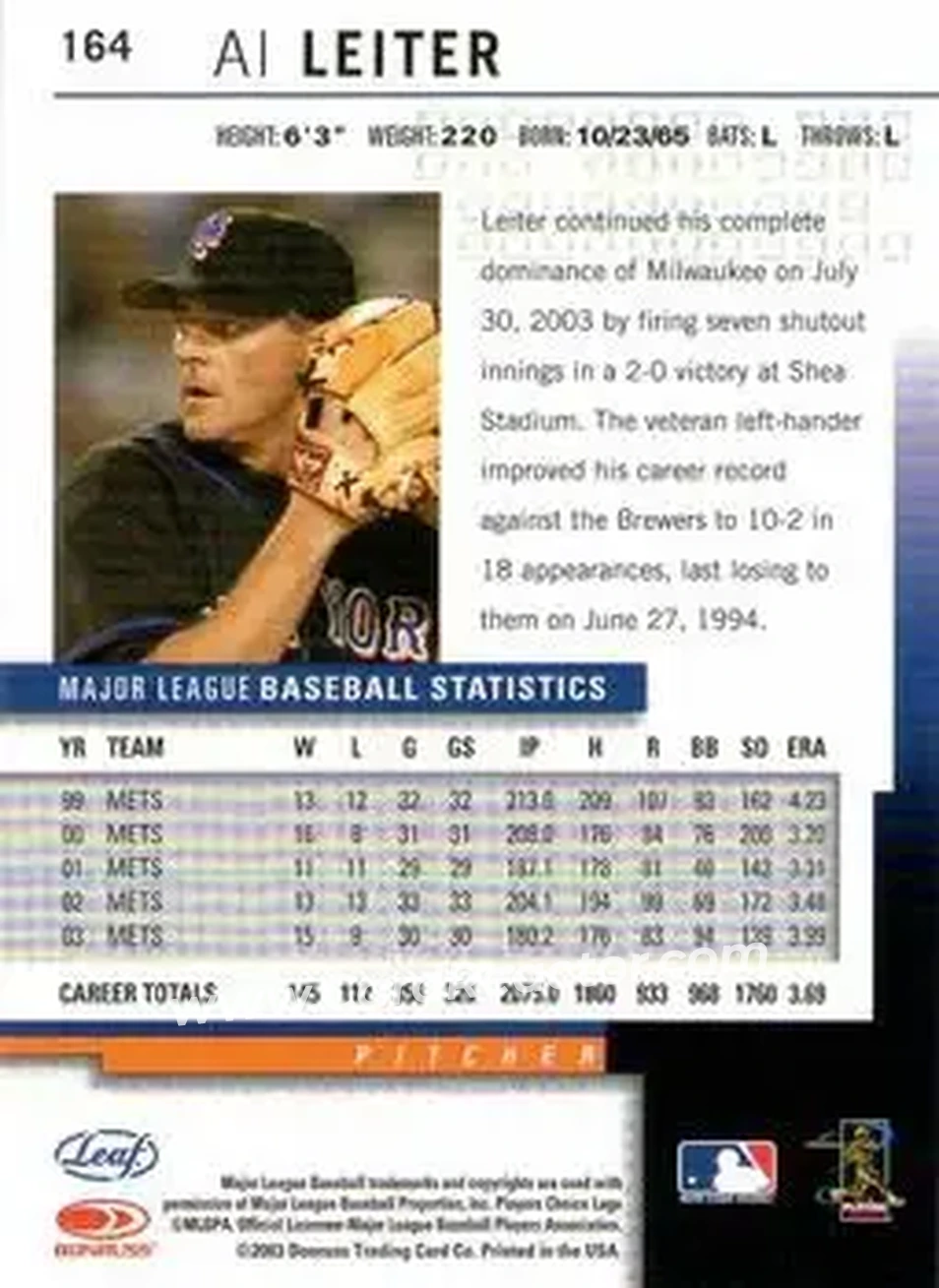 2004 Leaf #164 - Al Leiter - New York Mets - Back