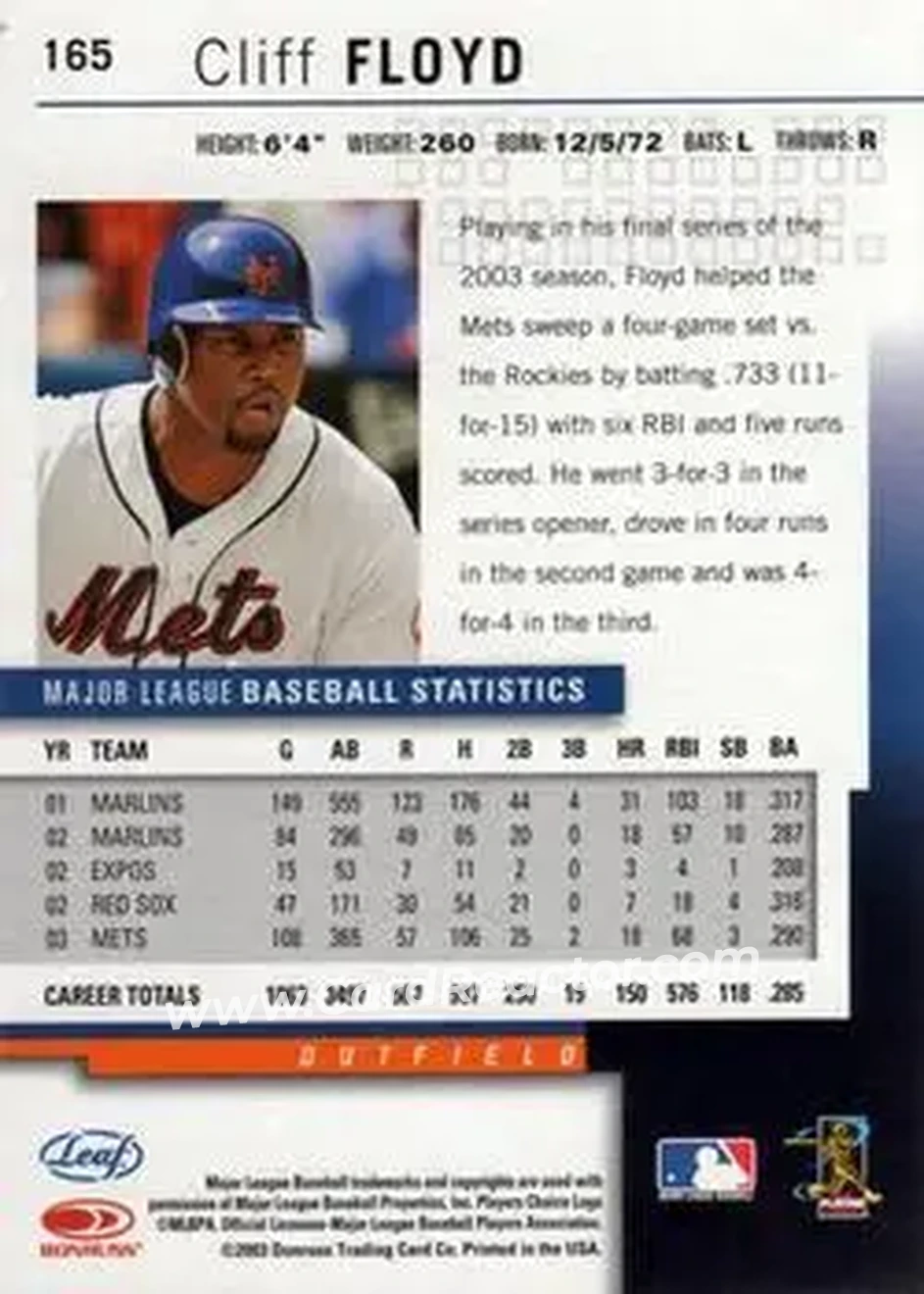 2004 Leaf #165 - Cliff Floyd - New York Mets - Back 2004 Leaf #165 - Cliff Floyd - New York Mets - Back