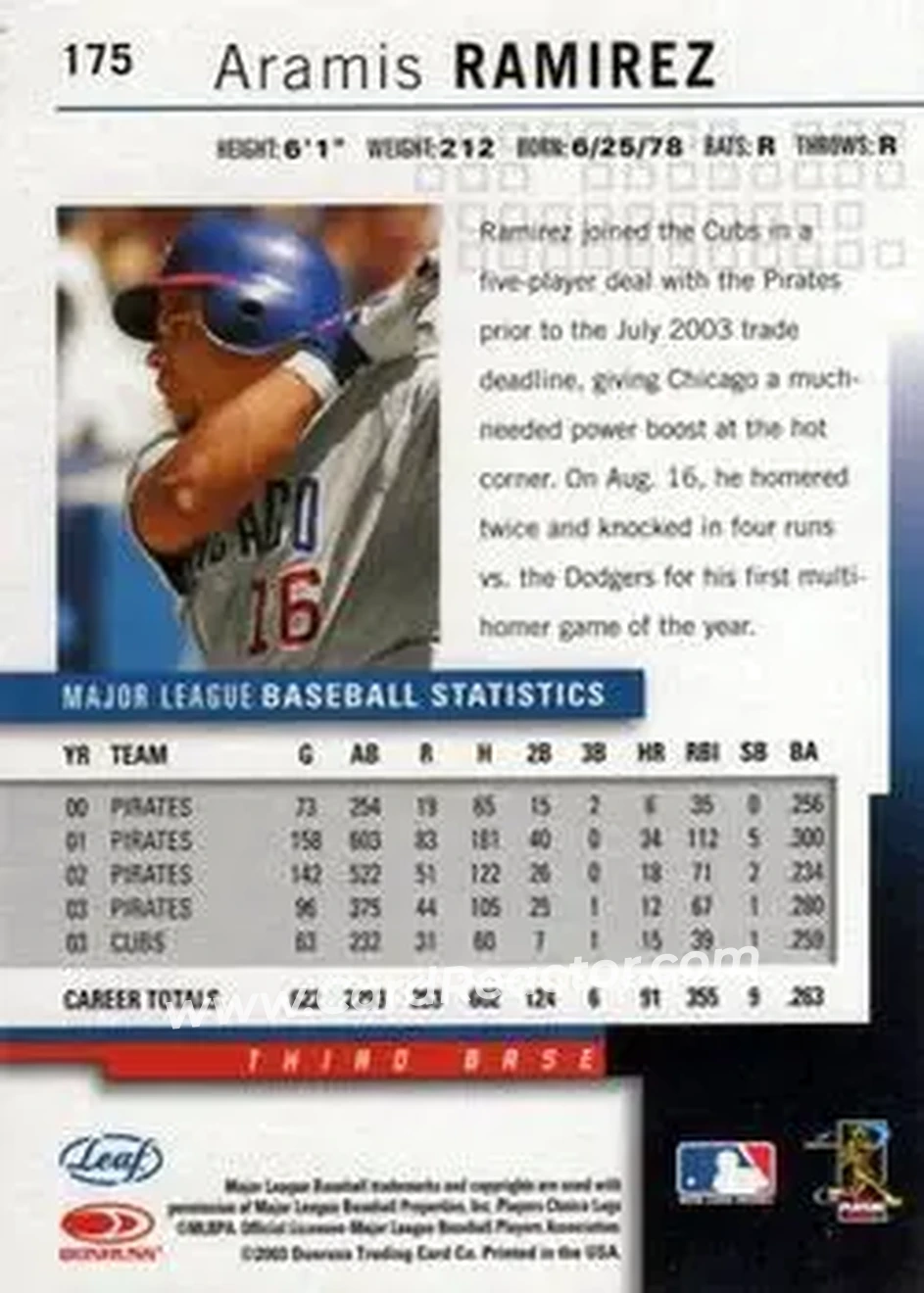 2004 Leaf #175 - Aramis Ramirez - Chicago Cubs - Back