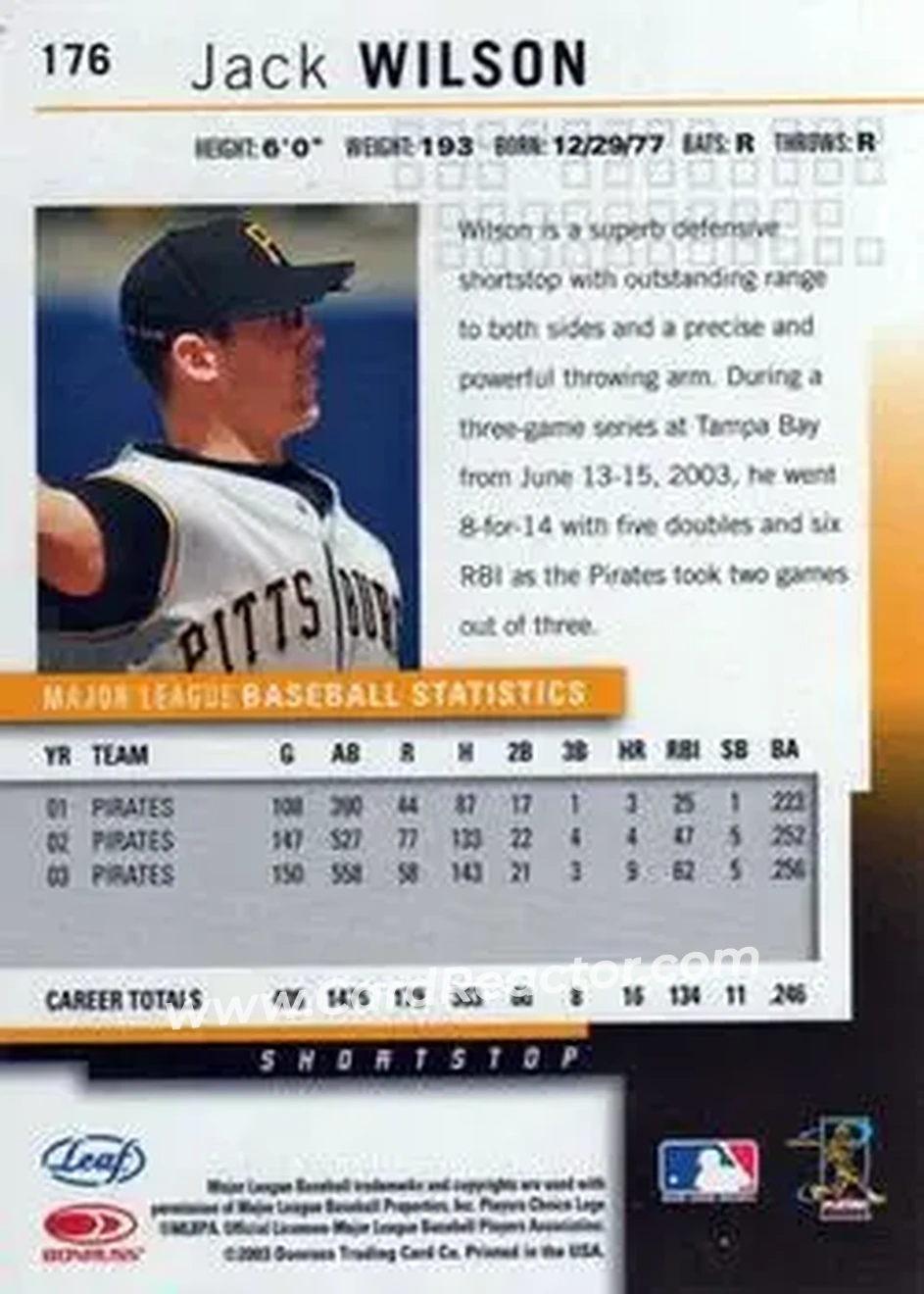 2004 Leaf #176 - Jack Wilson - Pittsburgh Pirates - Back