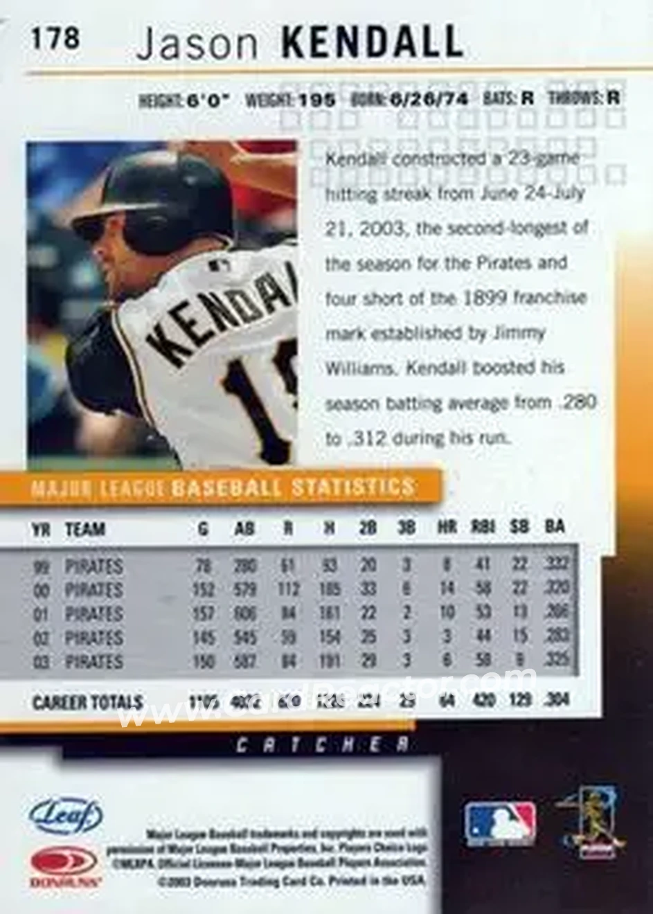 2004 Leaf #178 - Jason Kendall - Pittsburgh Pirates - Back 2004 Leaf #178 - Jason Kendall - Pittsburgh Pirates - Back
