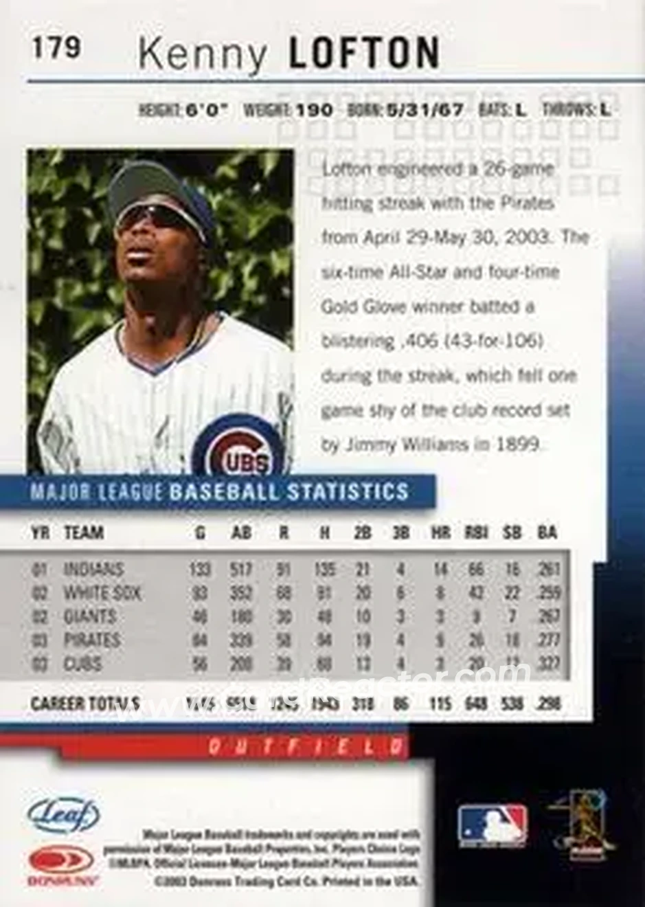 2004 Leaf #179 - Kenny Lofton - Chicago Cubs - Back 2004 Leaf #179 - Kenny Lofton - Chicago Cubs - Back