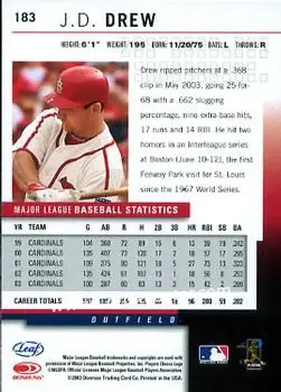 2004 Leaf #183 - J.D. Drew - St. Louis Cardinals - Back 2004 Leaf #183 - J.D. Drew - St. Louis Cardinals - Back
