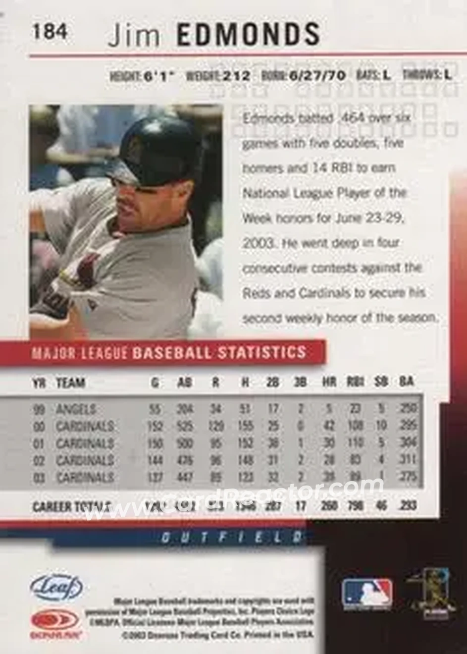 2004 Leaf #184 - Jim Edmonds - St. Louis Cardinals - Back