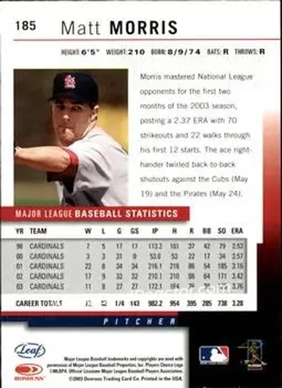2004 Leaf #185 - Matt Morris - St. Louis Cardinals - Back 2004 Leaf #185 - Matt Morris - St. Louis Cardinals - Back