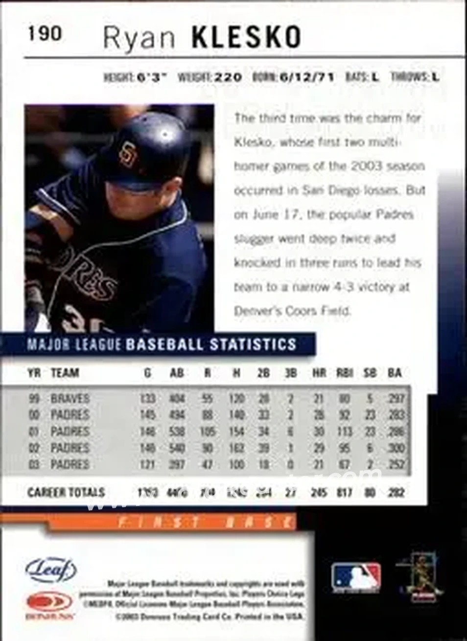 2004 Leaf #190 - Ryan Klesko - San Diego Padres - Back