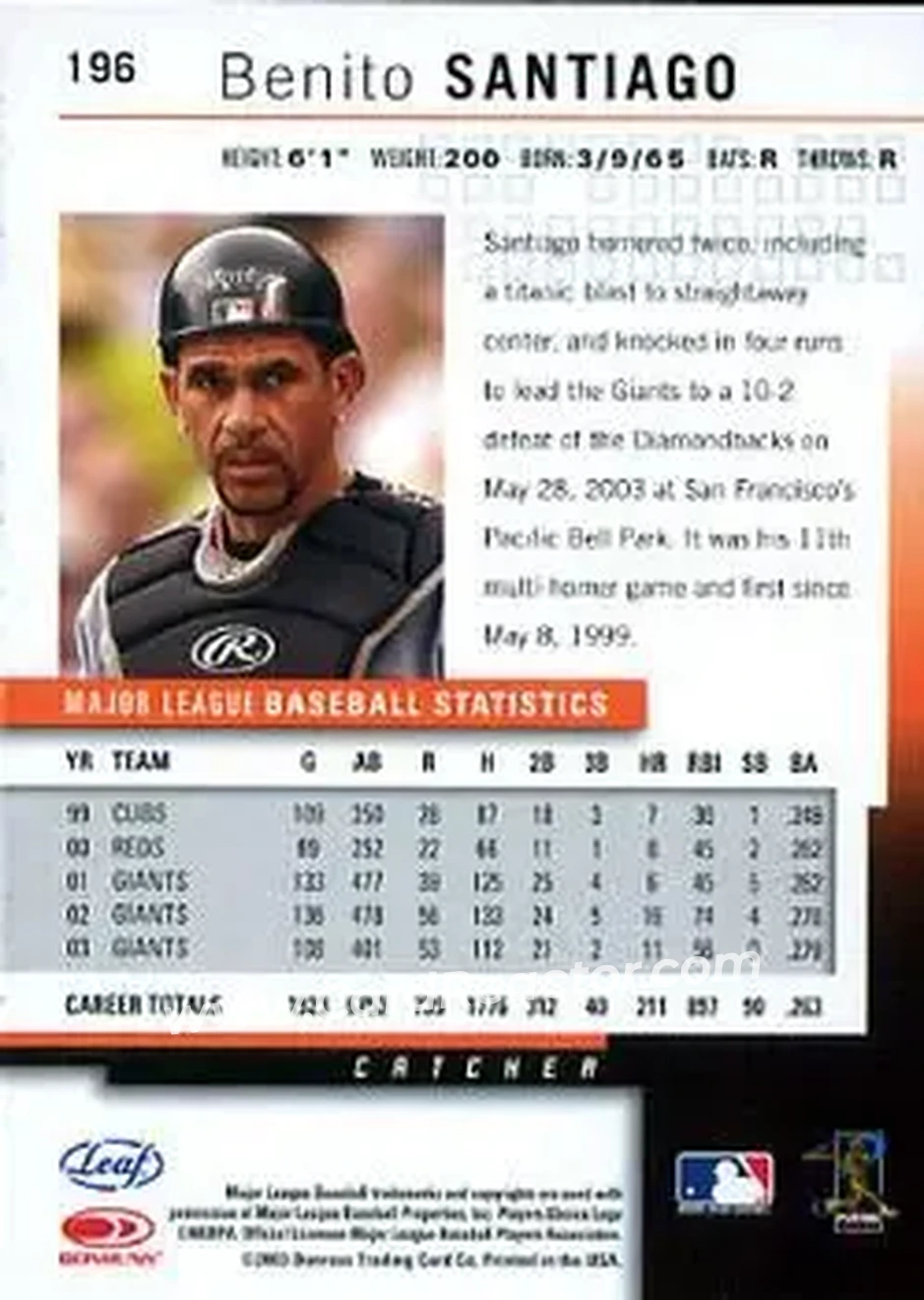 2004 Leaf #196 - Benito Santiago - San Francisco Giants - Back 2004 Leaf #196 - Benito Santiago - San Francisco Giants - Back