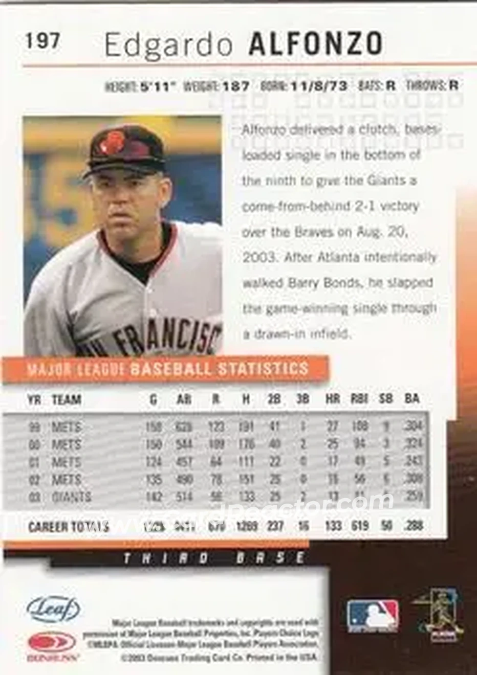 2004 Leaf #197 - Edgardo Alfonzo - San Francisco Giants - Back 2004 Leaf #197 - Edgardo Alfonzo - San Francisco Giants - Back