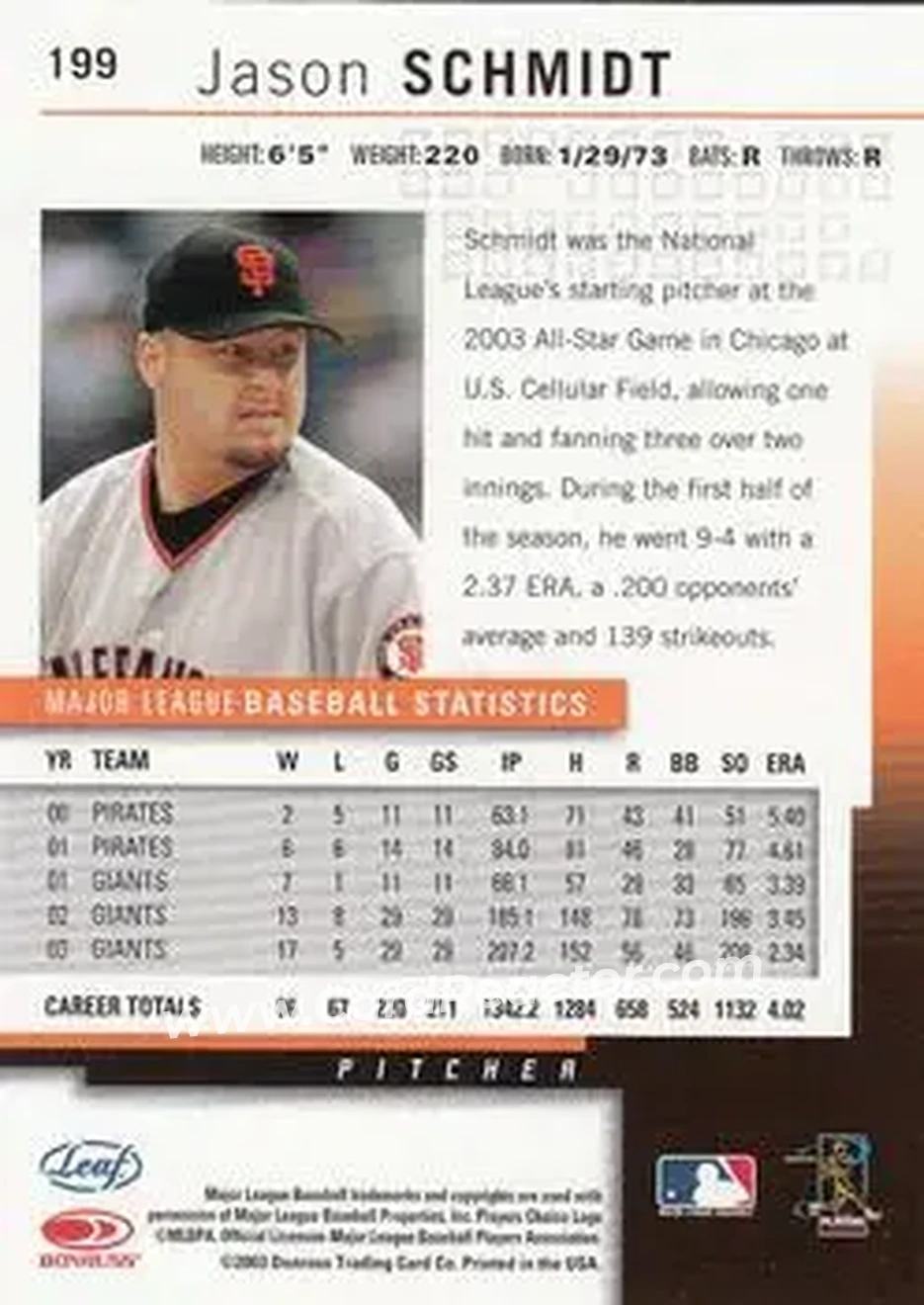 2004 Leaf #199 - Jason Schmidt - San Francisco Giants - Back 2004 Leaf #199 - Jason Schmidt - San Francisco Giants - Back