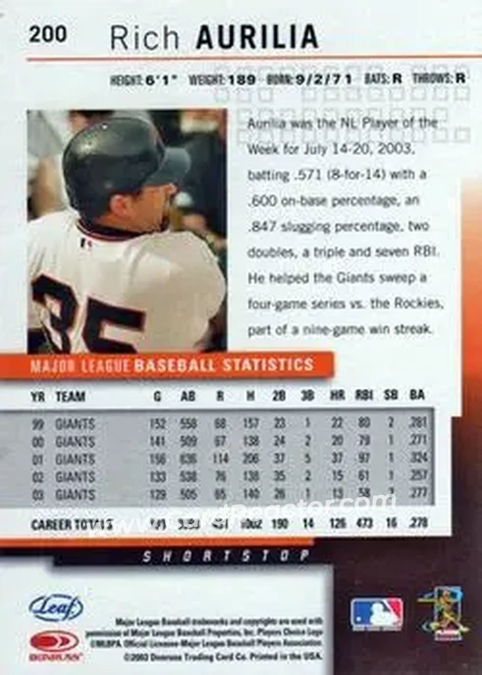 2004 Leaf #200 - Rich Aurilia - San Francisco Giants - Back 2004 Leaf #200 - Rich Aurilia - San Francisco Giants - Back