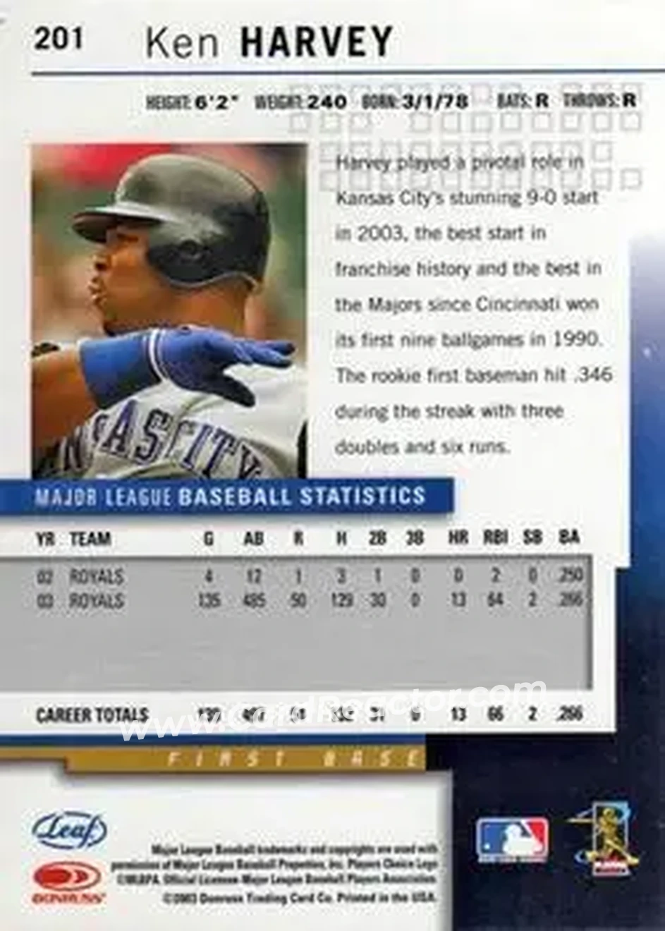 2004 Leaf #201 - Ken Harvey - Kansas City Royals - Back 2004 Leaf #201 - Ken Harvey - Kansas City Royals - Back