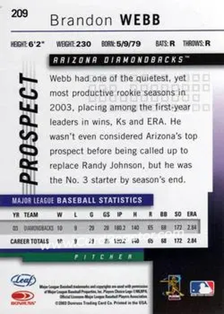 2004 Leaf #209 - Brandon Webb - Arizona Diamondbacks - Back 2004 Leaf #209 - Brandon Webb - Arizona Diamondbacks - Back
