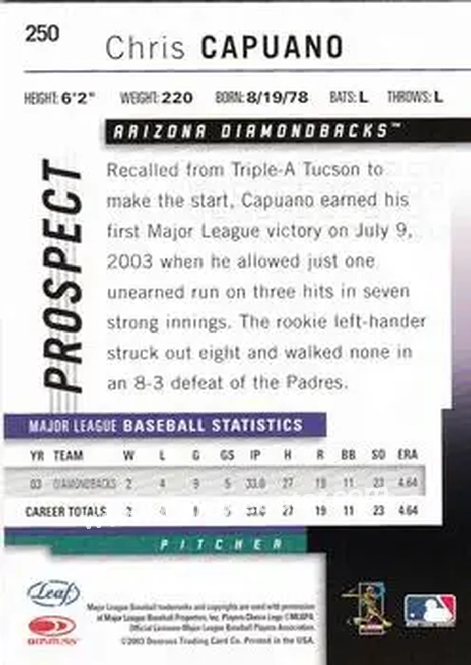 2004 Leaf #250 - Chris Capuano - Arizona Diamondbacks - Back