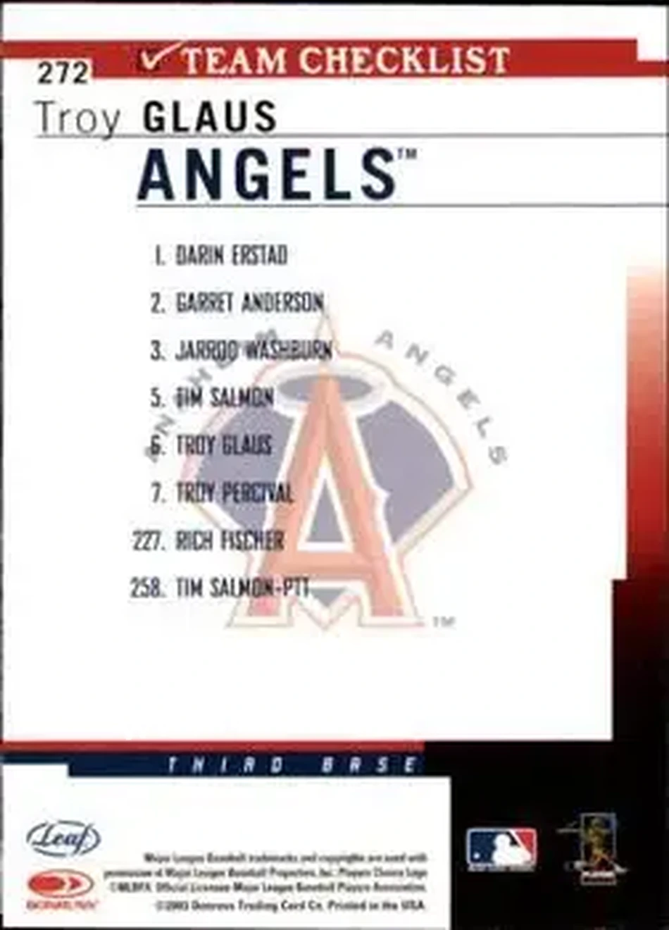 2004 Leaf #272 - Troy Glaus - Anaheim Angels - Back 2004 Leaf #272 - Troy Glaus - Anaheim Angels - Back