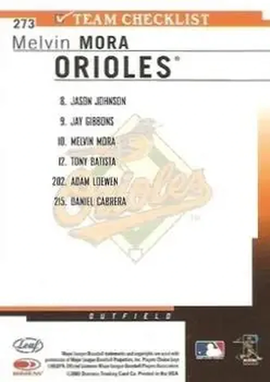 2004 Leaf #273 - Melvin Mora - Baltimore Orioles - Back 2004 Leaf #273 - Melvin Mora - Baltimore Orioles - Back