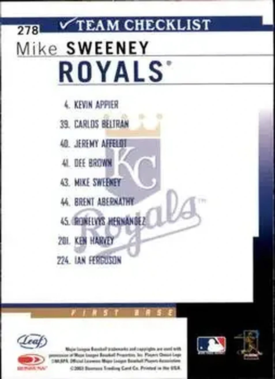 2004 Leaf #278 - Mike Sweeney - Kansas City Royals - Back 2004 Leaf #278 - Mike Sweeney - Kansas City Royals - Back