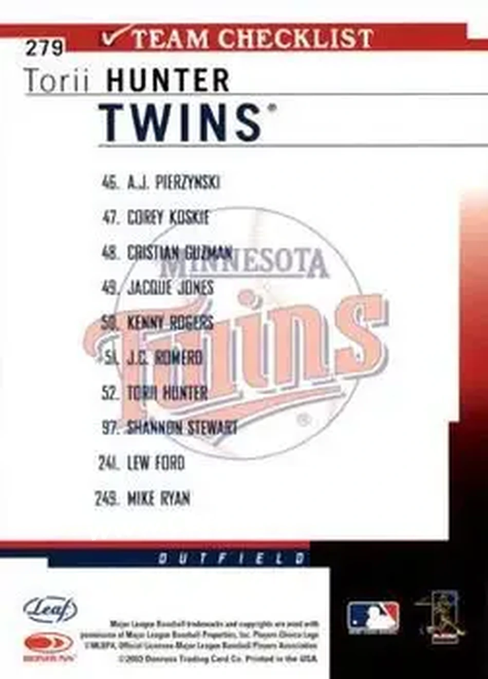 2004 Leaf #279 - Torii Hunter - Minnesota Twins - Back