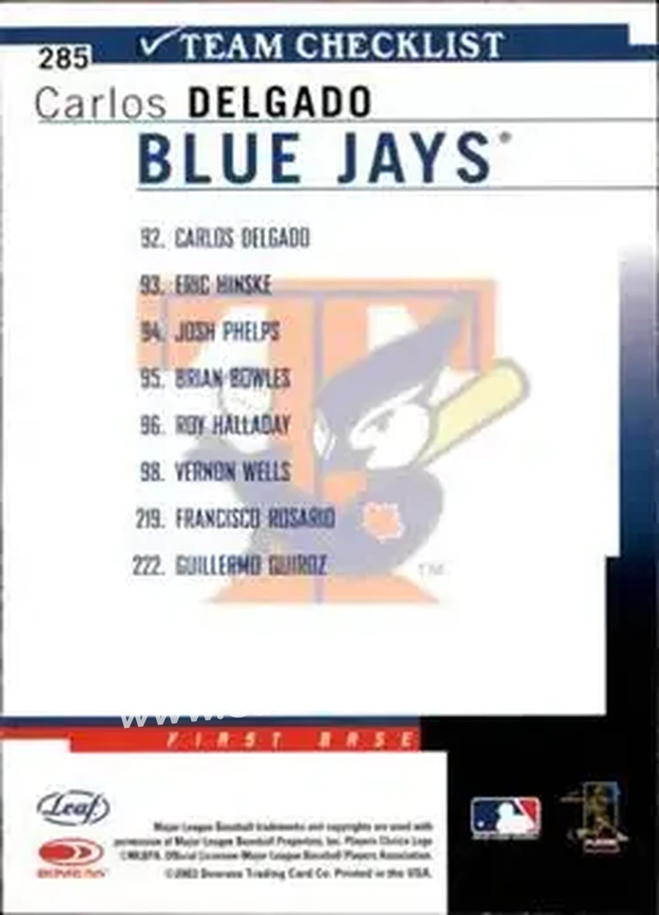 2004 Leaf #285 - Carlos Delgado - Toronto Blue Jays - Back