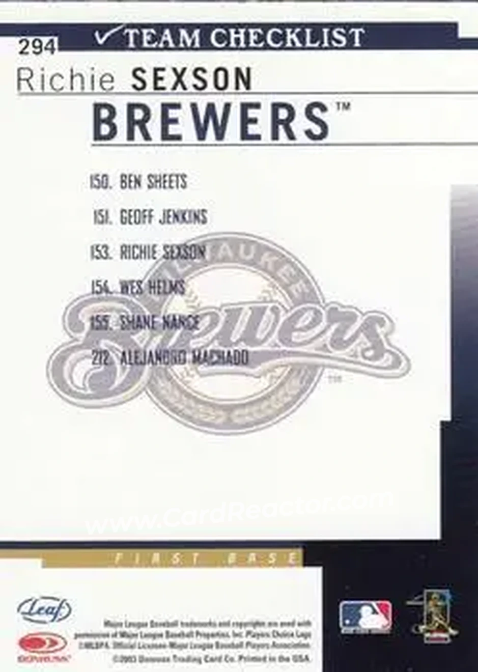 2004 Leaf #294 - Richie Sexson - Milwaukee Brewers - Back