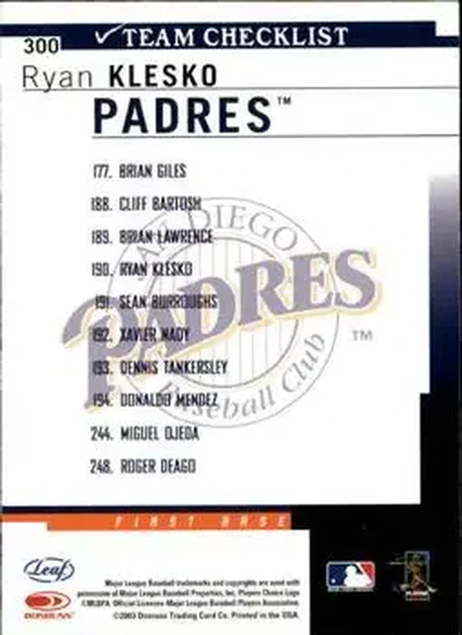 2004 Leaf #300 - Ryan Klesko - San Diego Padres - Back