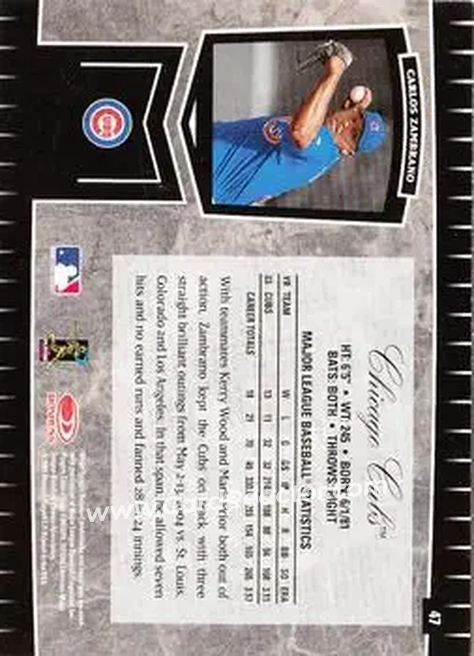 2004 Leaf Certified Cuts #47 - Carlos Zambrano - Chicago Cubs - Back