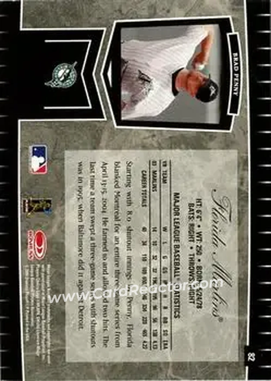 2004 Leaf Certified Cuts #82 - Brad Penny - Florida Marlins - Back