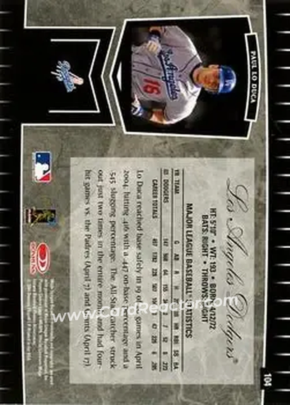 2004 Leaf Certified Cuts #104 - Paul Lo Duca - Los Angeles Dodgers - Back 2004 Leaf Certified Cuts #104 - Paul Lo Duca - Los Angeles Dodgers - Back