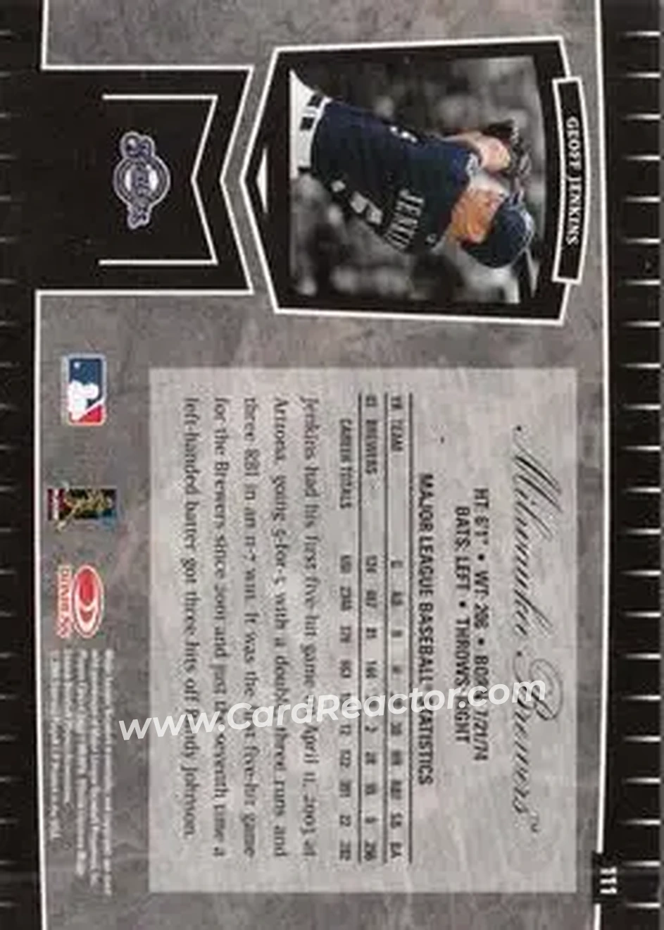 2004 Leaf Certified Cuts #111 - Geoff Jenkins - Milwaukee Brewers - Back 2004 Leaf Certified Cuts #111 - Geoff Jenkins - Milwaukee Brewers - Back