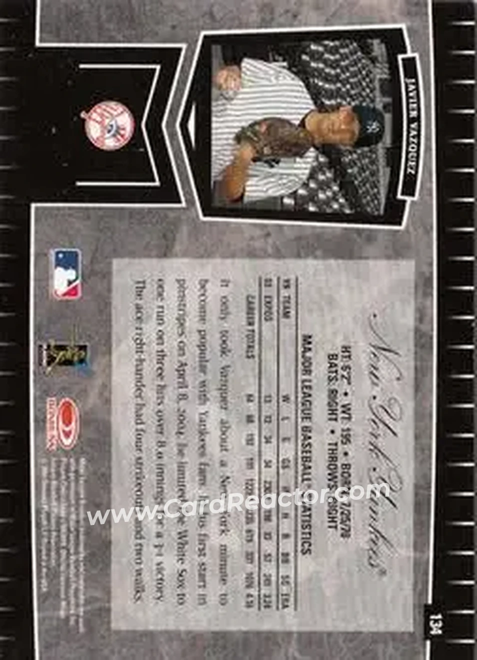 2004 Leaf Certified Cuts #134 - Javier Vazquez - New York Yankees - Back 2004 Leaf Certified Cuts #134 - Javier Vazquez - New York Yankees - Back