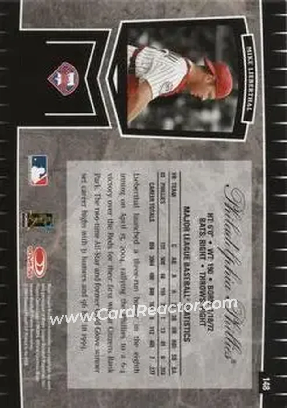 2004 Leaf Certified Cuts #148 - Mike Lieberthal - Philadelphia Phillies - Back