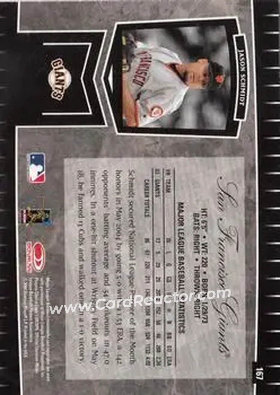 2004 Leaf Certified Cuts #167 - Jason Schmidt - San Francisco Giants - Back 2004 Leaf Certified Cuts #167 - Jason Schmidt - San Francisco Giants - Back